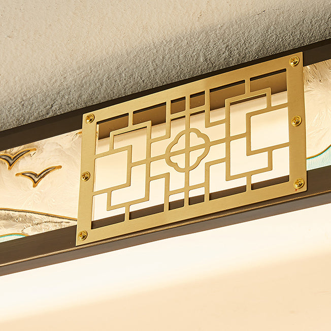 Traditional Chinese Copper Acrylic Enamel Painting Landscape Rectangular Square Round LED Flush Mount Ceiling Light For Bedroom