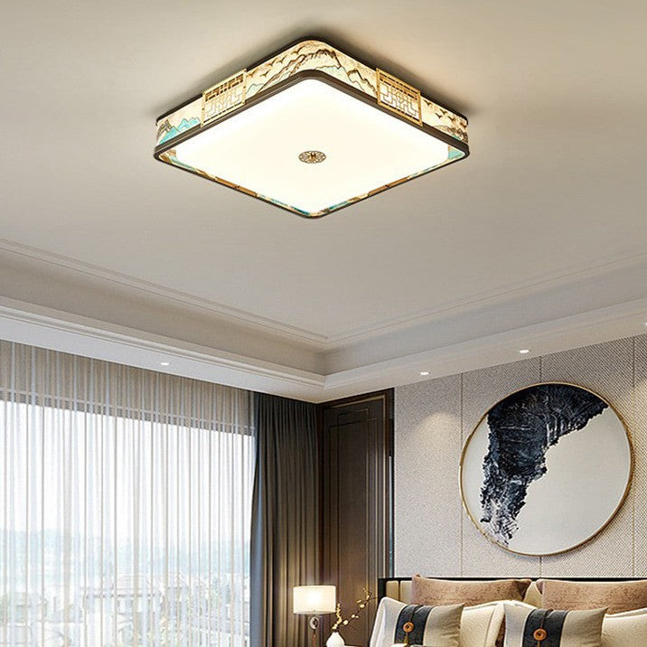Traditional Chinese Copper Acrylic Enamel Painting Landscape Rectangular Square Round LED Flush Mount Ceiling Light For Bedroom