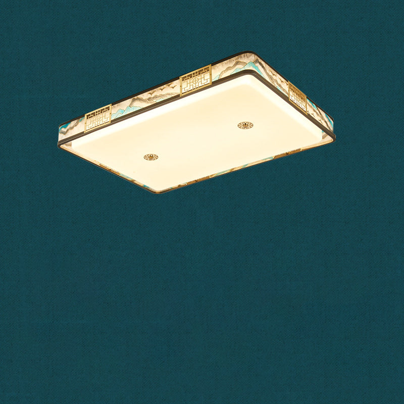 Traditional Chinese Copper Acrylic Enamel Painting Landscape Rectangular Square Round LED Flush Mount Ceiling Light For Bedroom