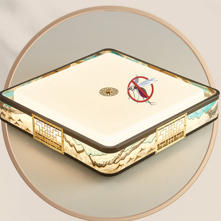 Traditional Chinese Copper Acrylic Enamel Painting Landscape Rectangular Square Round LED Flush Mount Ceiling Light For Bedroom