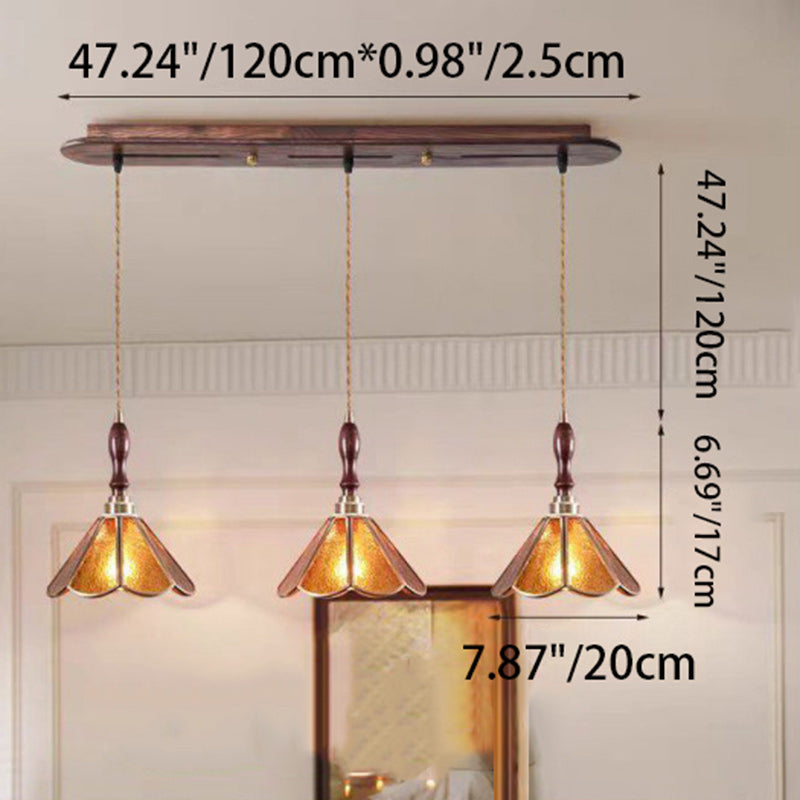 Contemporary Retro Metal Brass Ash Wood Glass Crackle Flower Removable 3-Light Chandeliers Island Light For Dining Room