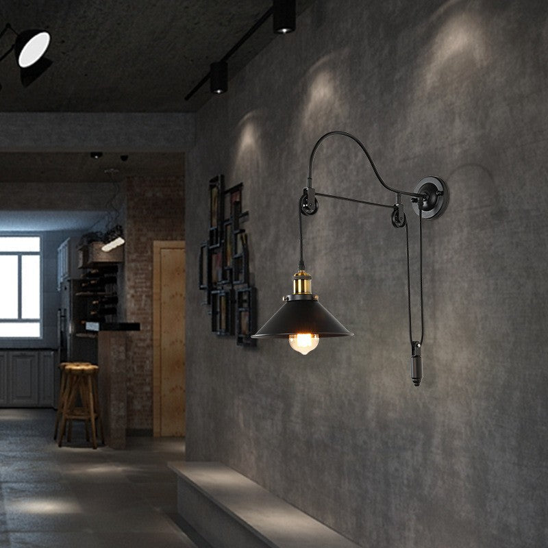 Retro Industrial Wrought Iron 1-Light Pulley Wall Sconce Lamp