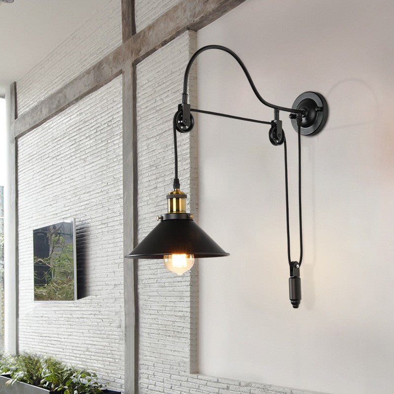 Retro Industrial Wrought Iron 1-Light Pulley Wall Sconce Lamp