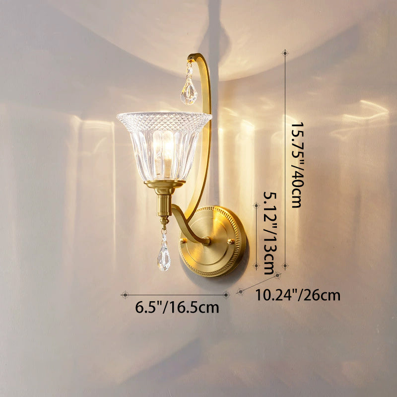 Traditional French Copper Glass Crystal Bell Embossed 1-Light Wall Sconce Lamp For Bedside