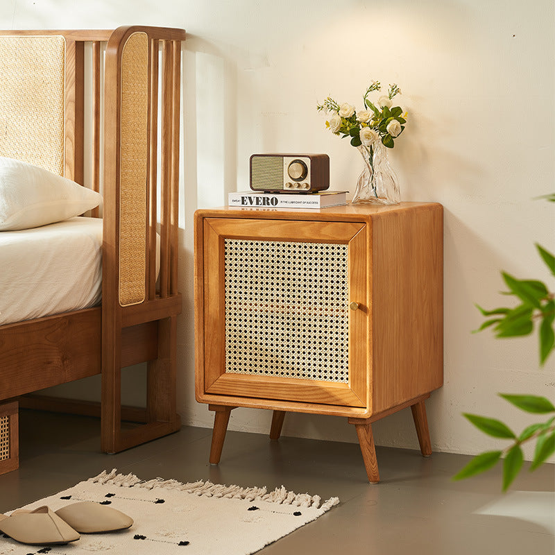 Modern Mid-Century Solid Wood & Rattan Rectangular Nightstand 1-Storage For Bedroom