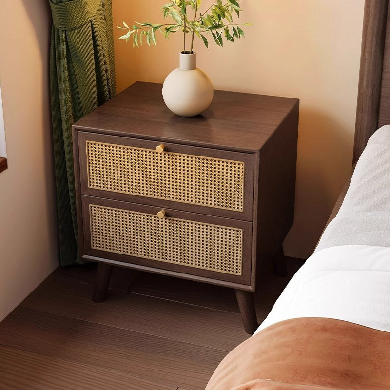 Traditional Chinese Rubberwood & Rattan Rectangular Nightstand With 2-Drawer For Bedroom