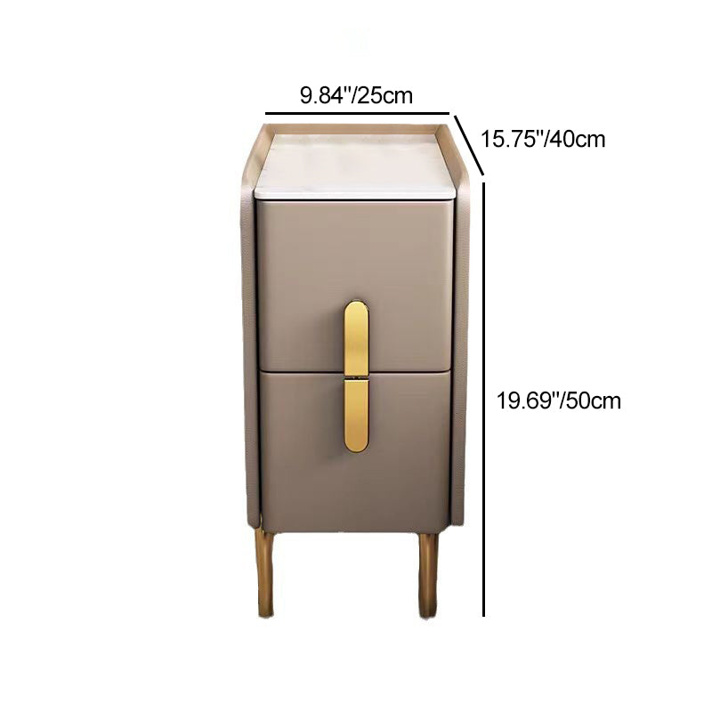 Contemporary Nordic Slab Faux Leather Solid Wood And Carbon Steel Narrow Rectangular Nightstand With 2 Drawers For Bedroom