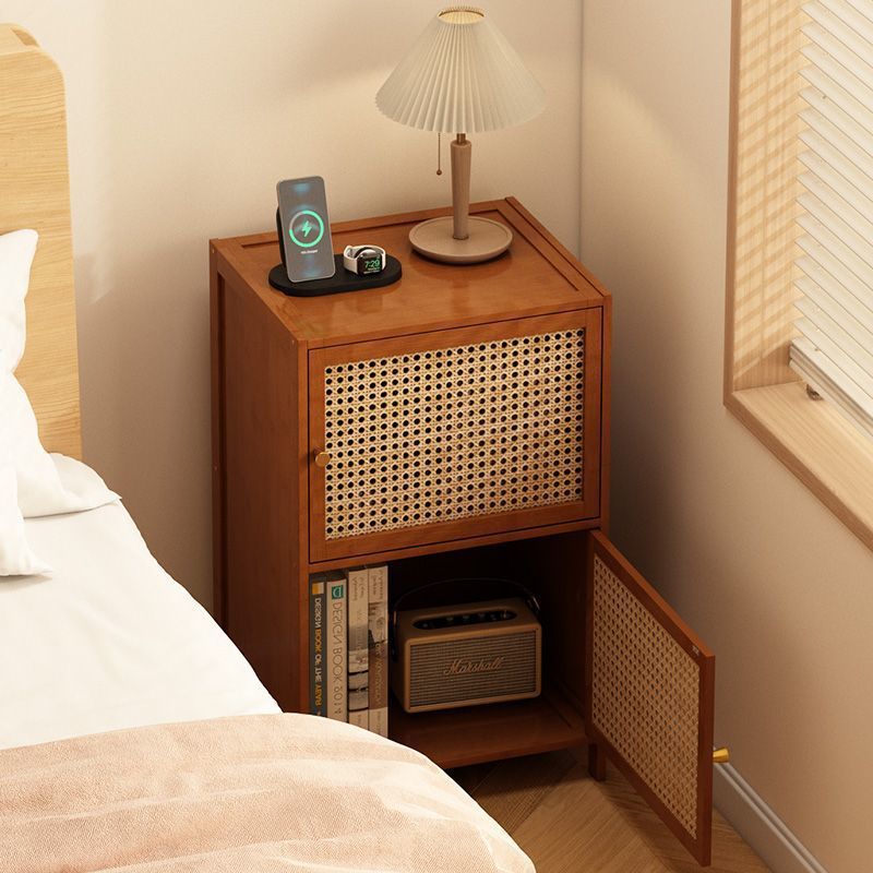 Contemporary Retro Weaving Bamboo Fiberboard And Glass Rectangular Nightstand 2 Storage Cabinets For Bedroom