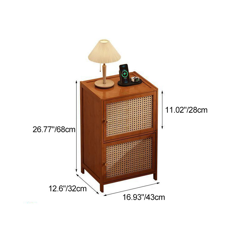 Contemporary Retro Weaving Bamboo Fiberboard And Glass Rectangular Nightstand 2 Storage Cabinets For Bedroom
