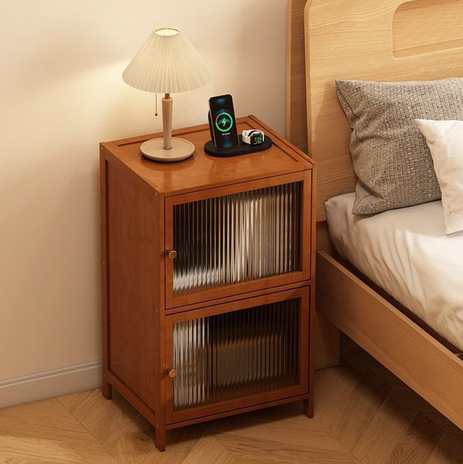 Contemporary Retro Weaving Bamboo Fiberboard And Glass Rectangular Nightstand 2 Storage Cabinets For Bedroom
