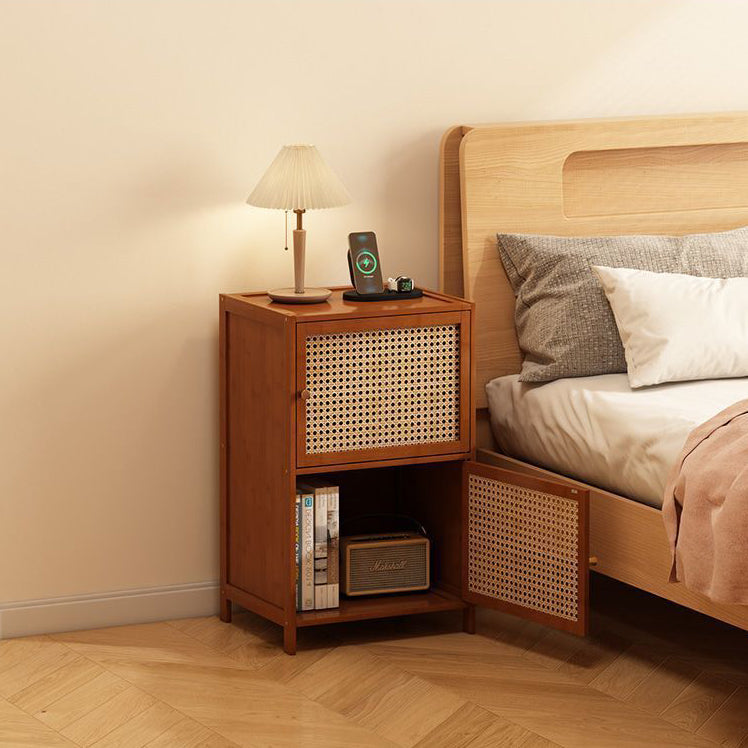 Contemporary Retro Weaving Bamboo Fiberboard And Glass Rectangular Nightstand 2 Storage Cabinets For Bedroom