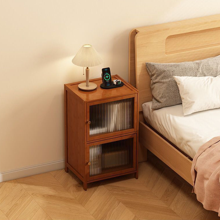 Contemporary Retro Weaving Bamboo Fiberboard And Glass Rectangular Nightstand 2 Storage Cabinets For Bedroom