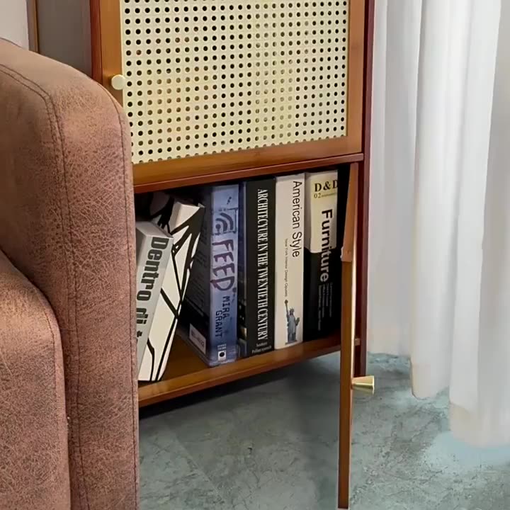 Contemporary Retro Weaving Bamboo Fiberboard And Glass Rectangular Nightstand 2 Storage Cabinets For Bedroom