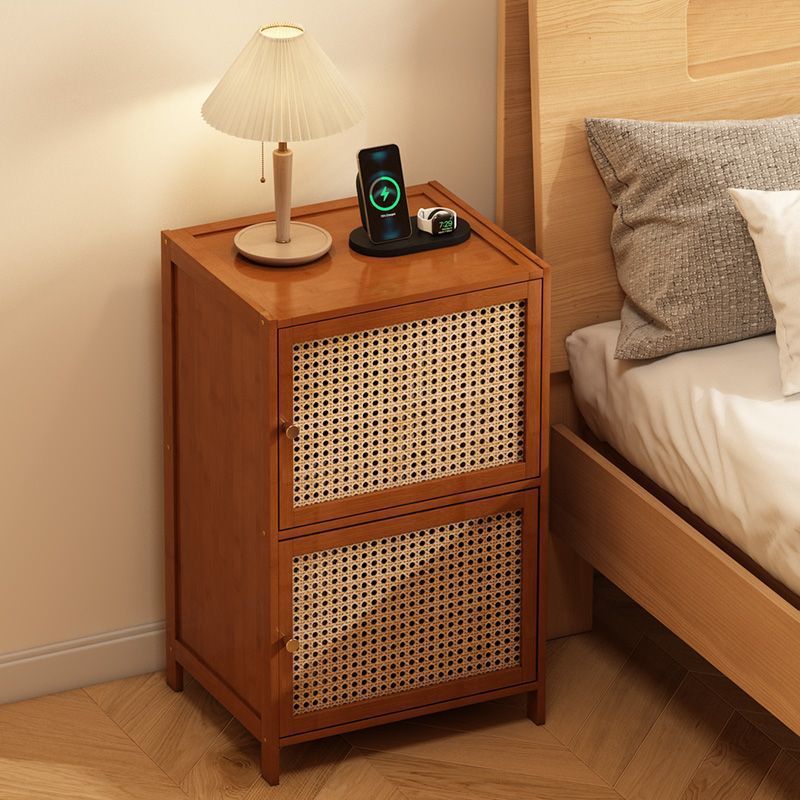 Contemporary Retro Weaving Bamboo Fiberboard And Glass Rectangular Nightstand 2 Storage Cabinets For Bedroom