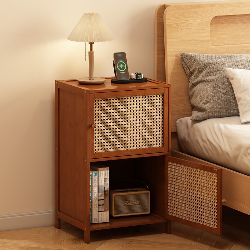 Contemporary Retro Weaving Bamboo Fiberboard And Glass Rectangular Nightstand 2 Storage Cabinets For Bedroom