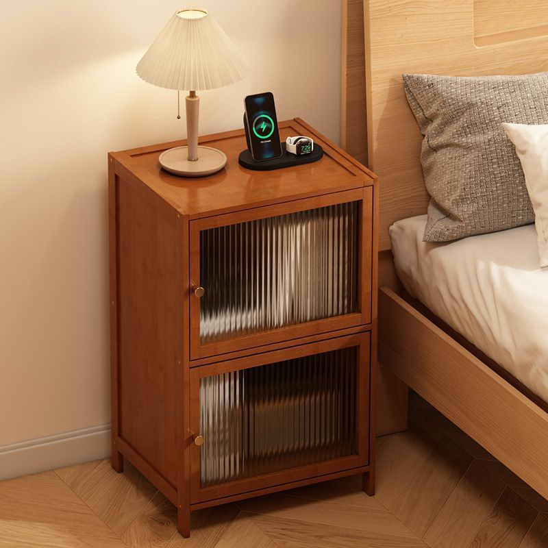 Contemporary Retro Weaving Bamboo Fiberboard And Glass Rectangular Nightstand 2 Storage Cabinets For Bedroom
