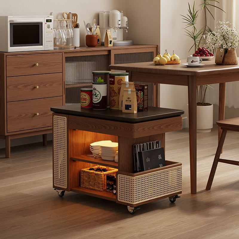 Contemporary Retro Solid Wood Rattan Glass Metal Bus-Shaped Rectangular Side Table With 5 Storage Cabinets And Lift-Top Design For Living Room And Bedroom
