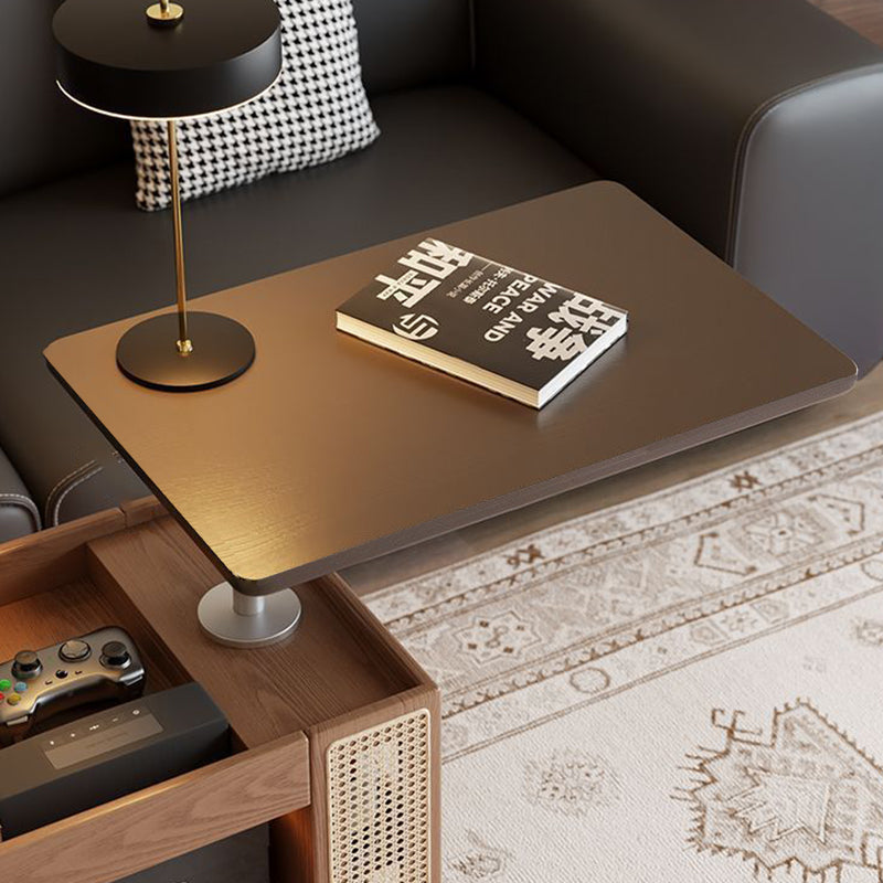 Contemporary Retro Solid Wood Rattan Glass Metal Bus-Shaped Rectangular Side Table With 5 Storage Cabinets And Lift-Top Design For Living Room And Bedroom