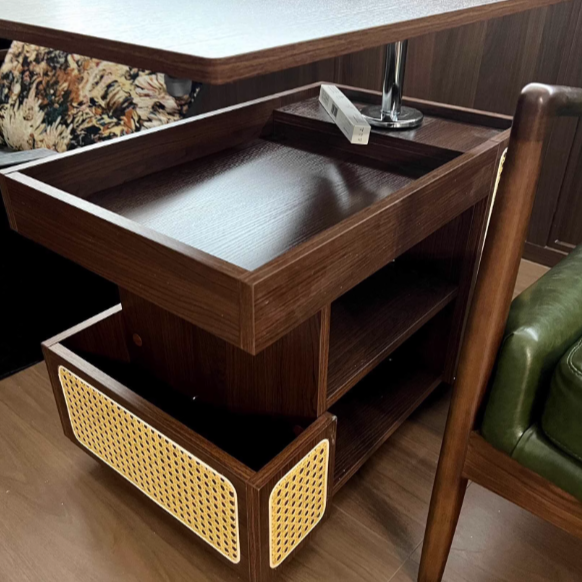 Contemporary Retro Solid Wood Rattan Glass Metal Bus-Shaped Rectangular Side Table With 5 Storage Cabinets And Lift-Top Design For Living Room And Bedroom