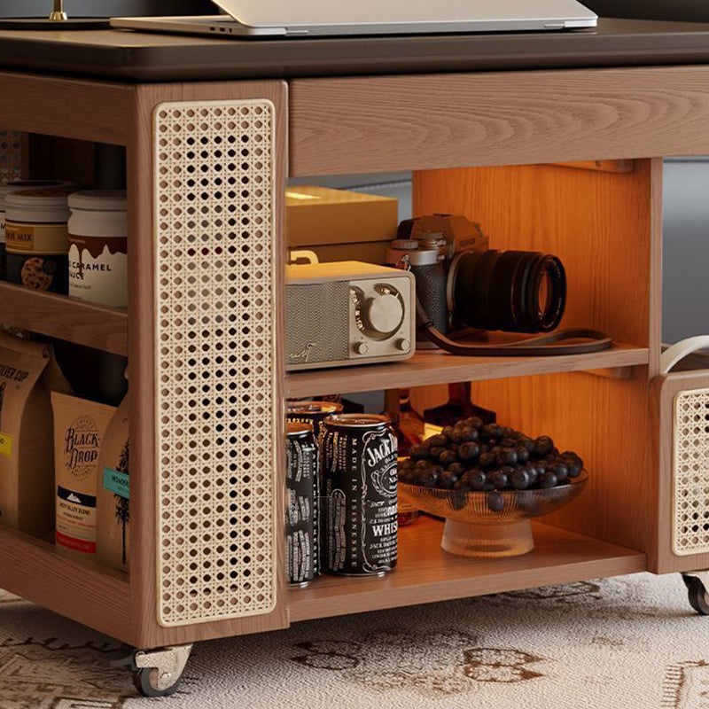 Contemporary Retro Solid Wood Rattan Glass Metal Bus-Shaped Rectangular Side Table With 5 Storage Cabinets And Lift-Top Design For Living Room And Bedroom