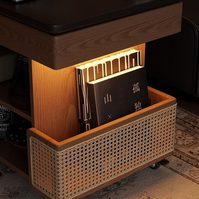 Contemporary Retro Solid Wood Rattan Glass Metal Bus-Shaped Rectangular Side Table With 5 Storage Cabinets And Lift-Top Design For Living Room And Bedroom