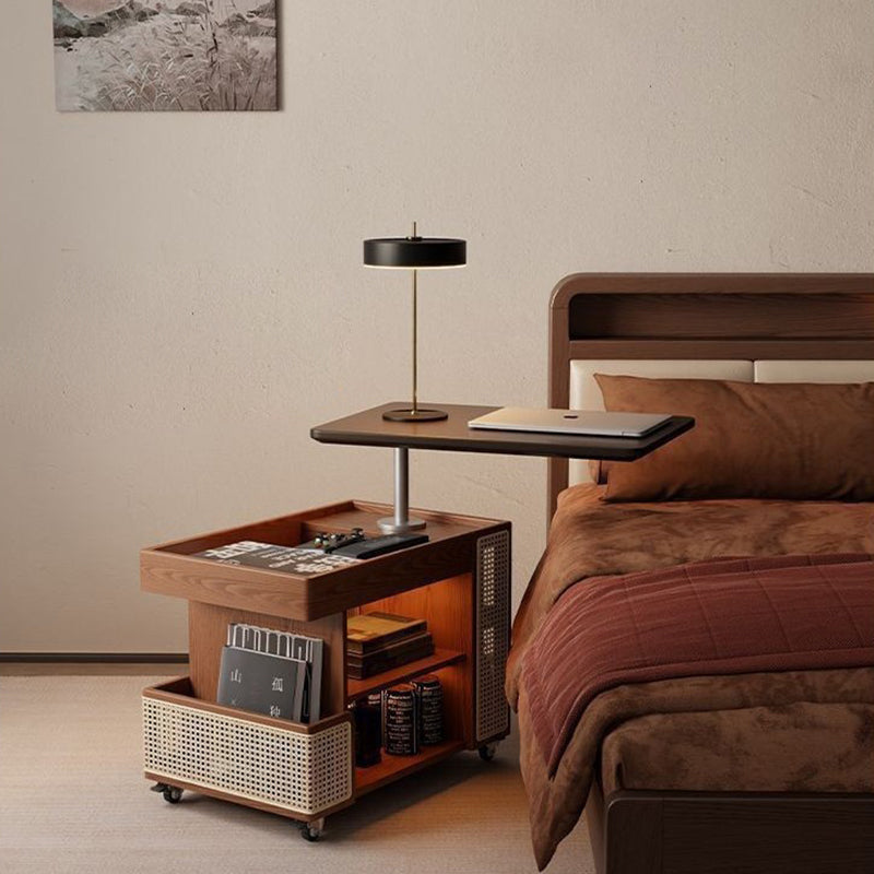 Contemporary Retro Solid Wood Rattan Glass Metal Bus-Shaped Rectangular Side Table With 5 Storage Cabinets And Lift-Top Design For Living Room And Bedroom
