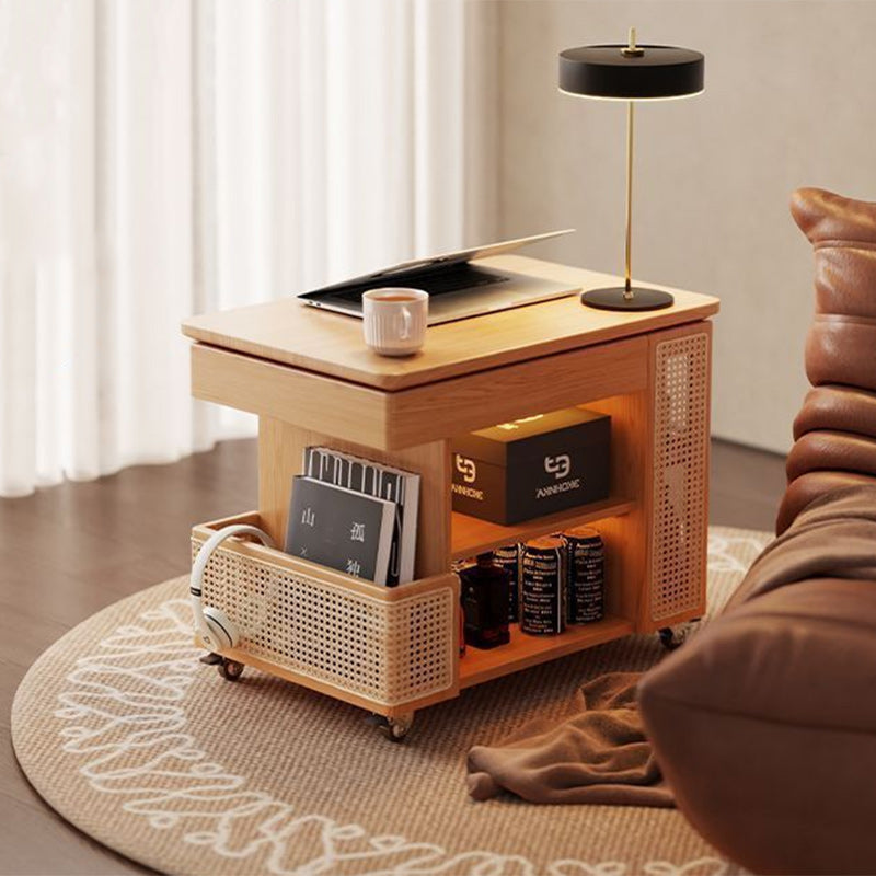 Contemporary Retro Solid Wood Rattan Glass Metal Bus-Shaped Rectangular Side Table With 5 Storage Cabinets And Lift-Top Design For Living Room And Bedroom