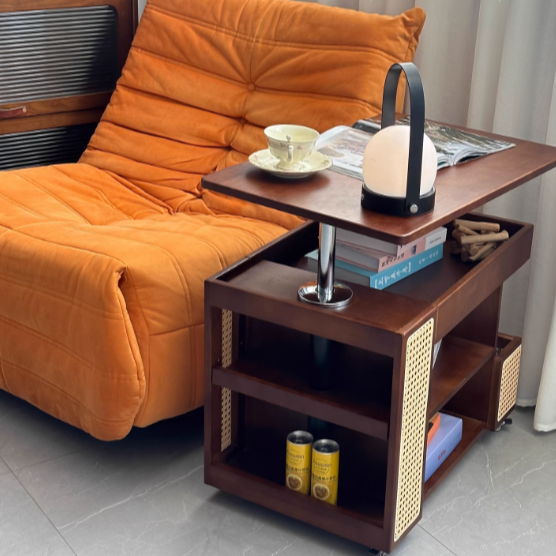 Contemporary Retro Solid Wood Rattan Glass Metal Bus-Shaped Rectangular Side Table With 5 Storage Cabinets And Lift-Top Design For Living Room And Bedroom