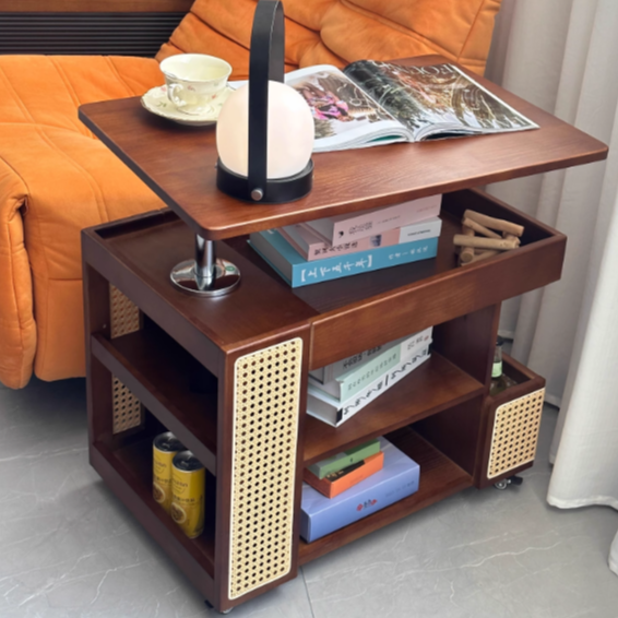 Contemporary Retro Solid Wood Rattan Glass Metal Bus-Shaped Rectangular Side Table With 5 Storage Cabinets And Lift-Top Design For Living Room And Bedroom