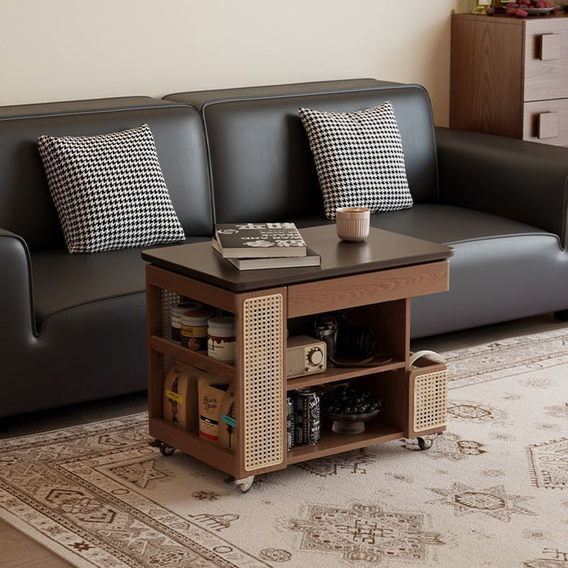 Contemporary Retro Solid Wood Rattan Glass Metal Bus-Shaped Rectangular Side Table With 5 Storage Cabinets And Lift-Top Design For Living Room And Bedroom