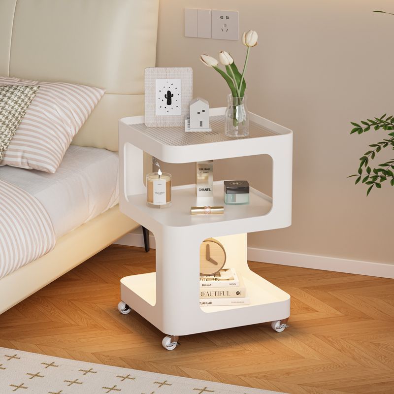 Modern Minimalist Iron And Striped Glass Round & Square Movable Side Table With 3 Tiers For Living Room And Bedroom