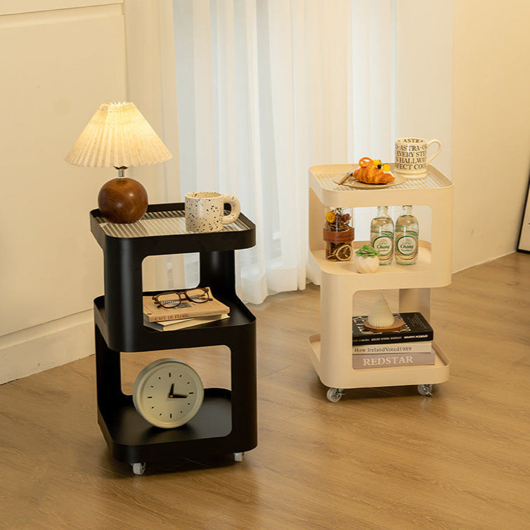 Modern Minimalist Iron And Striped Glass Round & Square Movable Side Table With 3 Tiers For Living Room And Bedroom