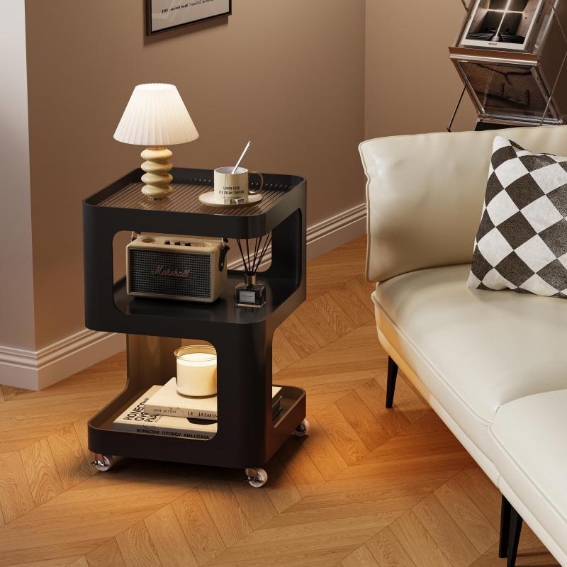 Modern Minimalist Iron And Striped Glass Round & Square Movable Side Table With 3 Tiers For Living Room And Bedroom