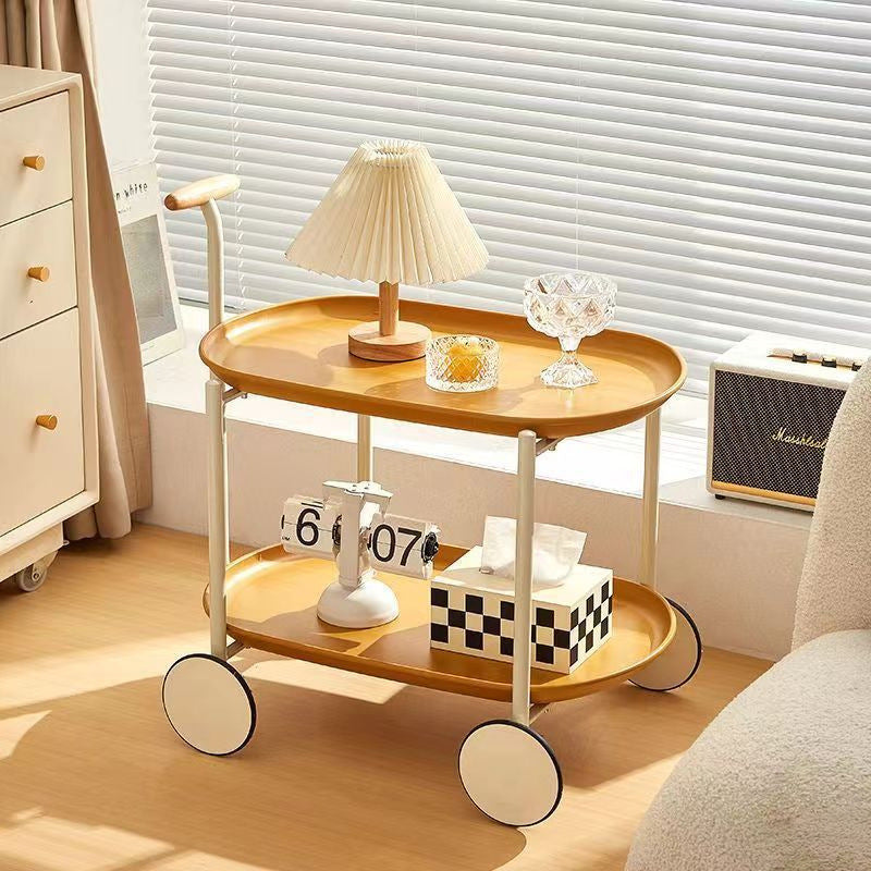 Contemporary Scandinavian ABS Iron Wood Oval Cart Movable Side Table With 2-Tier Storage For Living Room And Bedroom