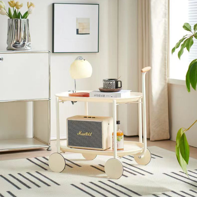 Contemporary Scandinavian ABS Iron Wood Oval Cart Movable Side Table With 2-Tier Storage For Living Room And Bedroom