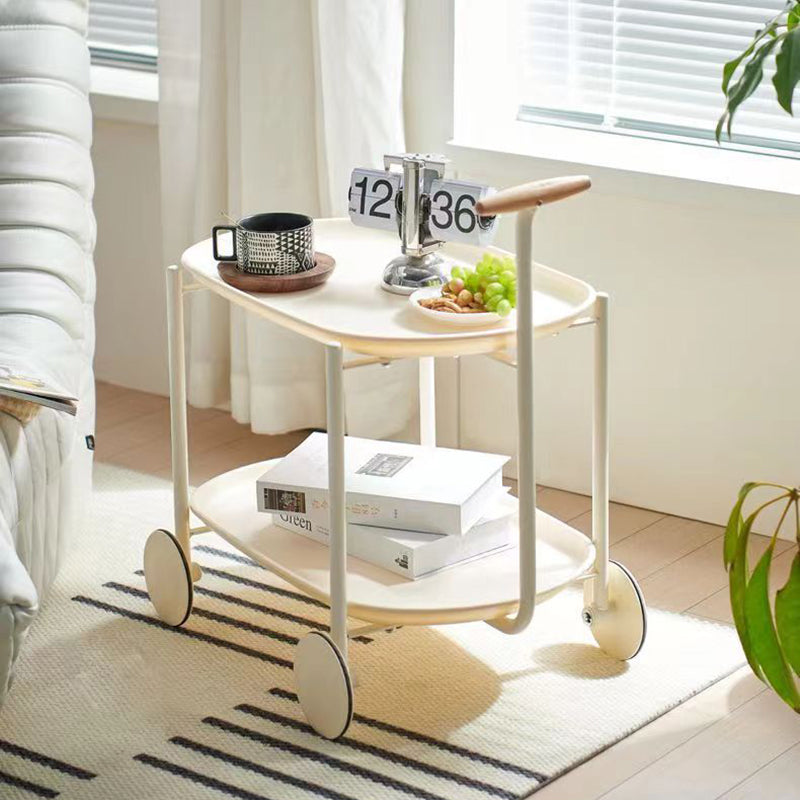 Contemporary Scandinavian ABS Iron Wood Oval Cart Movable Side Table With 2-Tier Storage For Living Room And Bedroom