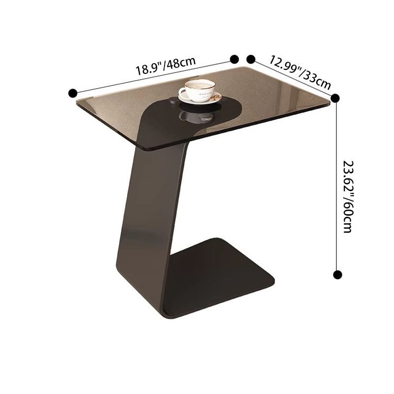 Modern Minimalist Tempered Glass & Carbon Steel Rectangular C-Shaped End Table With 2-Tier Design For Living Room And Bedroom