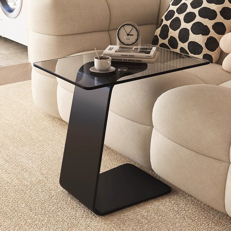 Modern Minimalist Tempered Glass & Carbon Steel Rectangular C-Shaped End Table With 2-Tier Design For Living Room And Bedroom