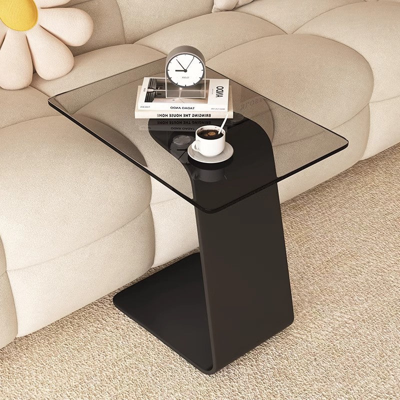 Modern Minimalist Tempered Glass & Carbon Steel Rectangular C-Shaped End Table With 2-Tier Design For Living Room And Bedroom