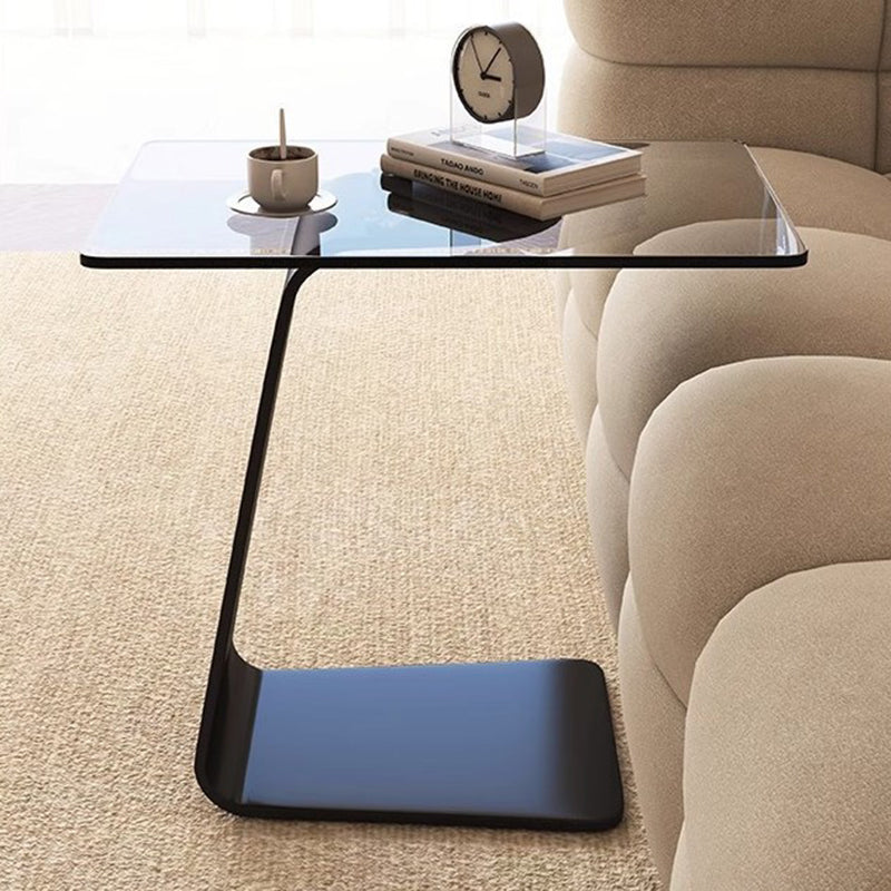 Modern Minimalist Tempered Glass & Carbon Steel Rectangular C-Shaped End Table With 2-Tier Design For Living Room And Bedroom