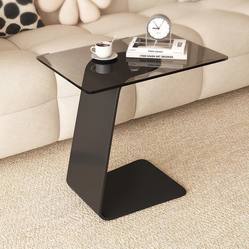 Modern Minimalist Tempered Glass & Carbon Steel Rectangular C-Shaped End Table With 2-Tier Design For Living Room And Bedroom