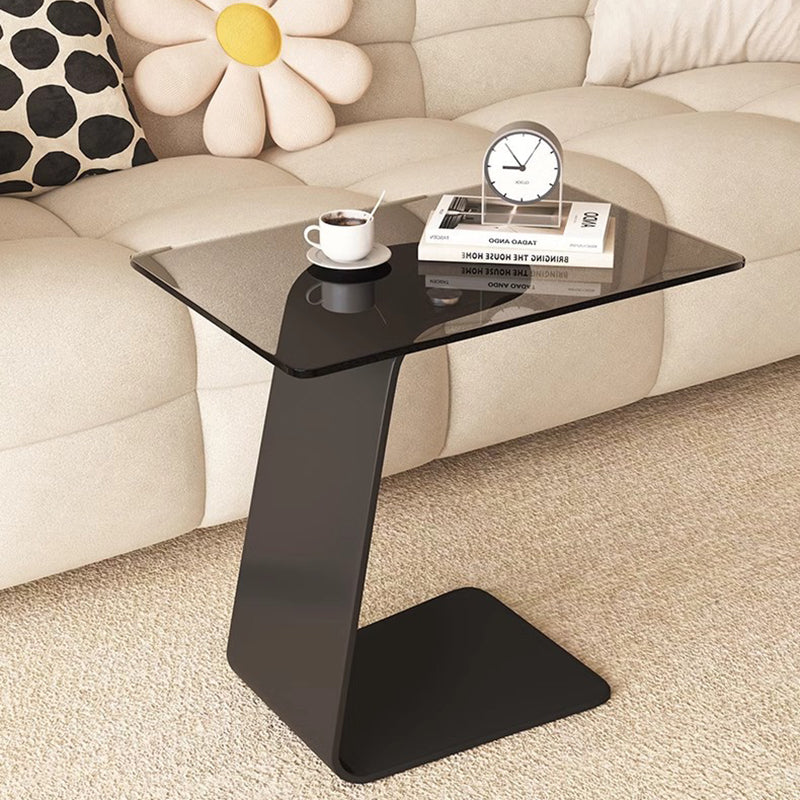 Modern Minimalist Tempered Glass & Carbon Steel Rectangular C-Shaped End Table With 2-Tier Design For Living Room And Bedroom