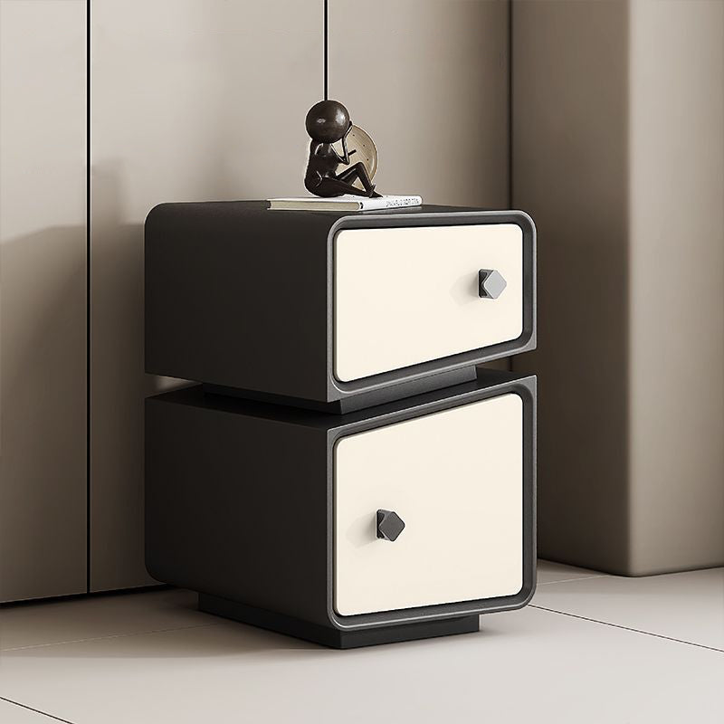 Modern Minimalist Solid Wood & Microfiber Leather Rectangular Split-Cut Nightstand With 2 Drawers For Bedroom
