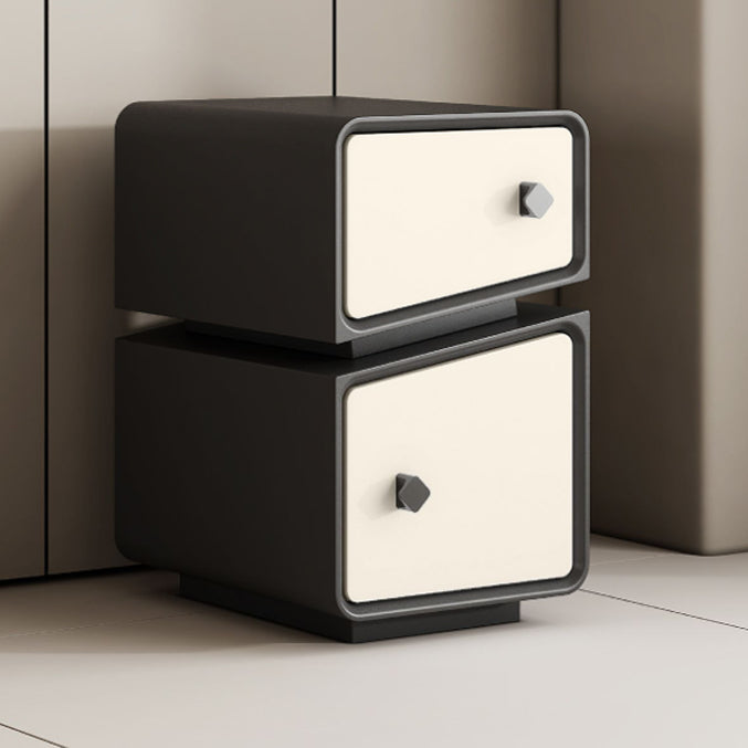 Modern Minimalist Solid Wood & Microfiber Leather Rectangular Split-Cut Nightstand With 2 Drawers For Bedroom