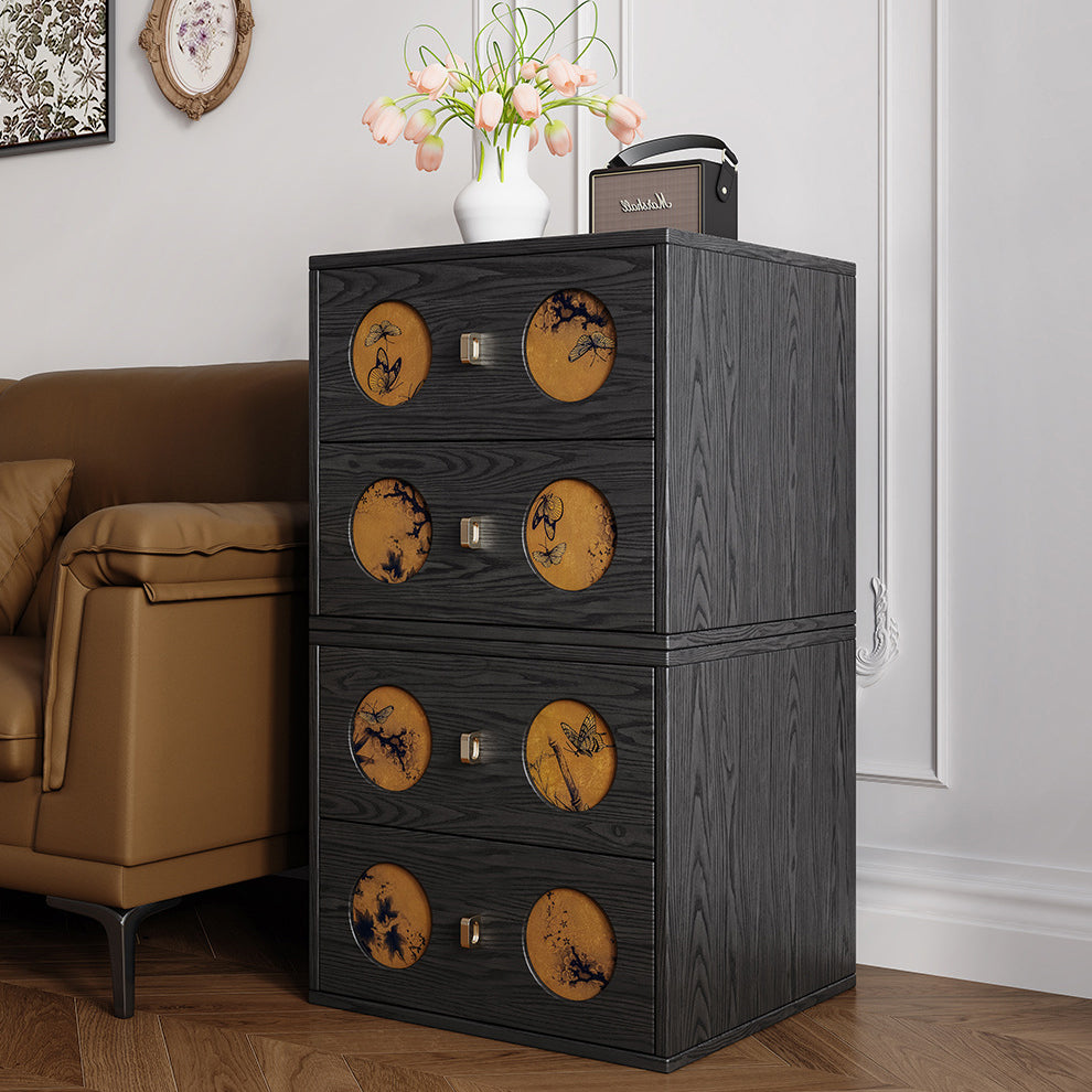Traditional Chinese Solid Wood & Xiangyun Silk Rectangular Nightstand With Butterfly Pattern And 2 Drawers For Bedroom Or Living Room