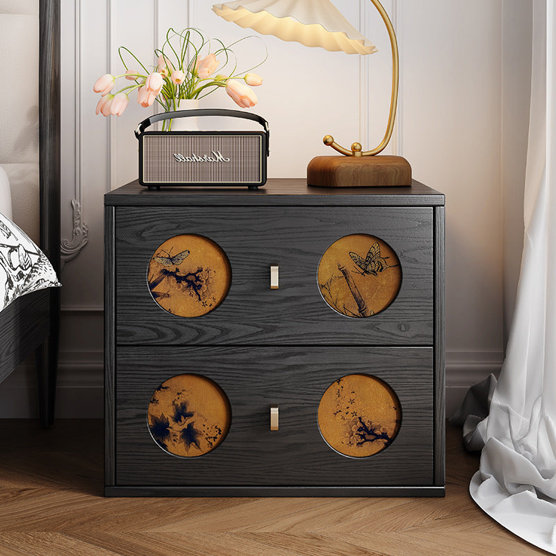 Traditional Chinese Solid Wood & Xiangyun Silk Rectangular Nightstand With Butterfly Pattern And 2 Drawers For Bedroom Or Living Room