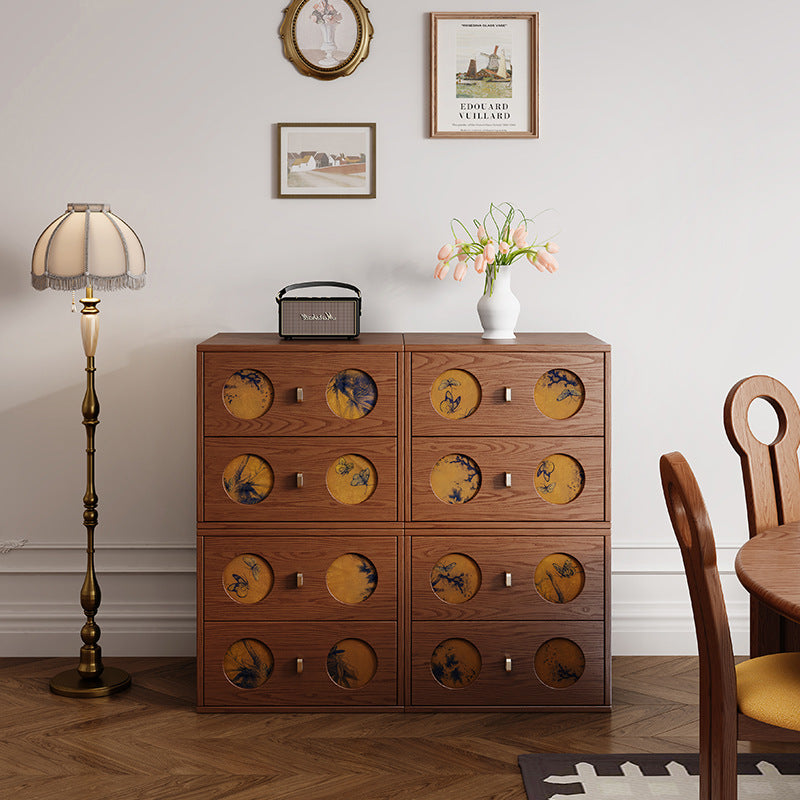 Traditional Chinese Solid Wood & Xiangyun Silk Rectangular Nightstand With Butterfly Pattern And 2 Drawers For Bedroom Or Living Room