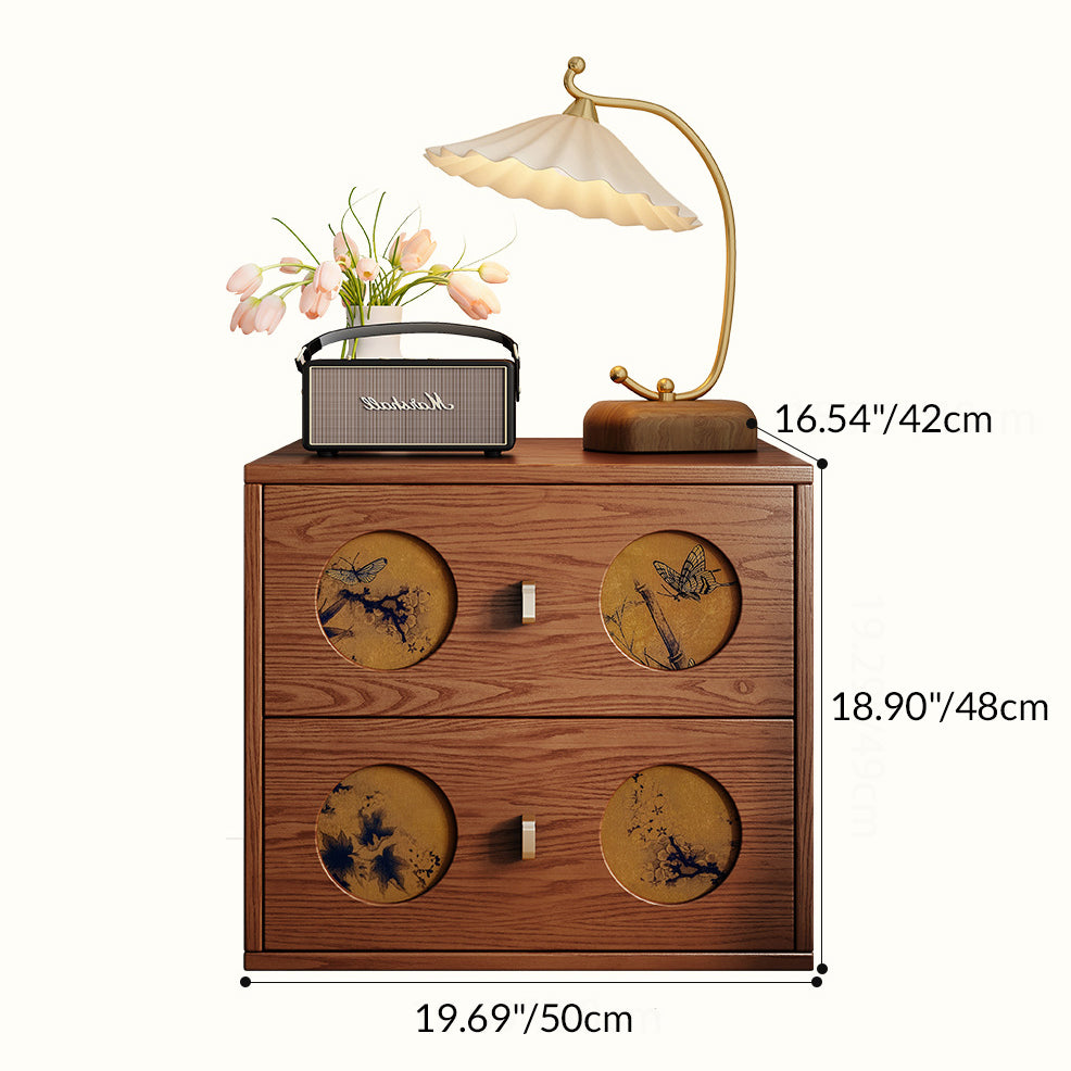 Traditional Chinese Solid Wood & Xiangyun Silk Rectangular Nightstand With Butterfly Pattern And 2 Drawers For Bedroom Or Living Room