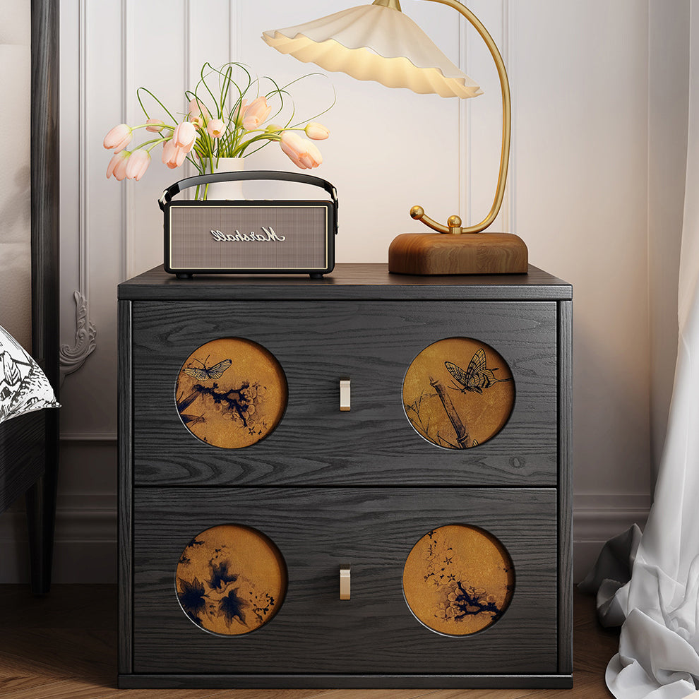 Traditional Chinese Solid Wood & Xiangyun Silk Rectangular Nightstand With Butterfly Pattern And 2 Drawers For Bedroom Or Living Room