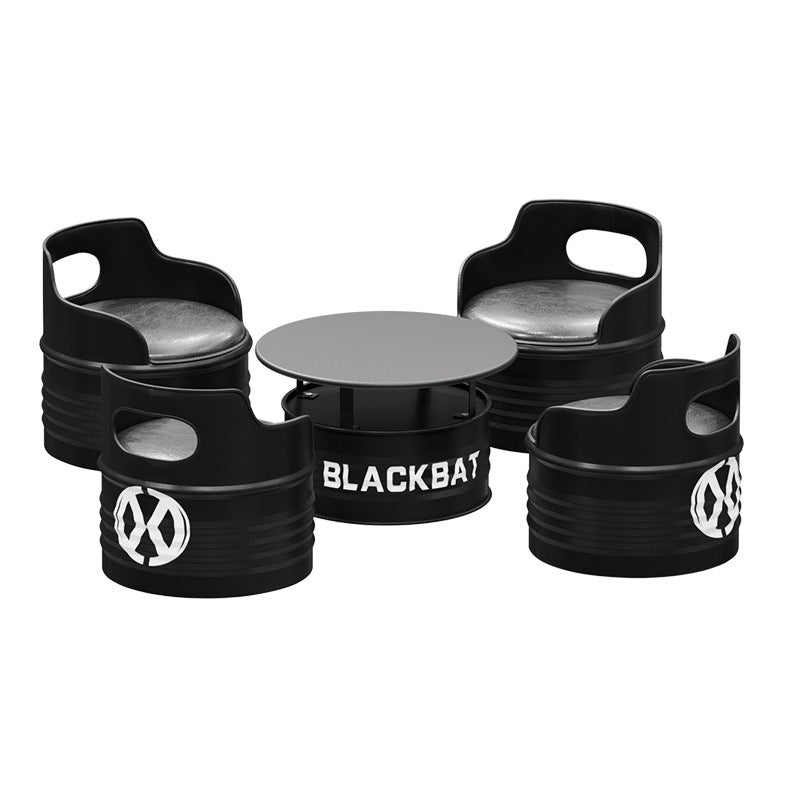 Contemporary Industrial Drum Round Iron Leather Sponge Coffee Table & Chair Set For Dining Room